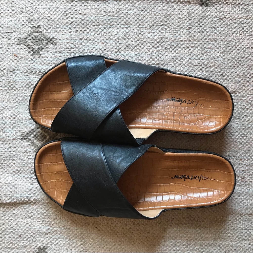 Comfortview Black Leather Slides Sz 8